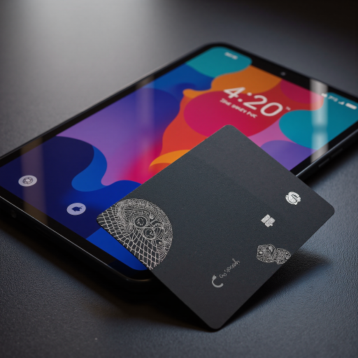 深蓝色背景二维码图案，圆形边框设计，包含小程序图标，周围有几何装饰元素